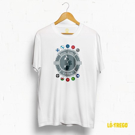 Camiseta branca con deseño "Nacións Celtas", unha homenaxe á identidade e tradición celta.