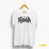 Camiseta branca Lóstrego, deseño sarcástico Death Metal 'Restos de Poda' con logo de ramas entrelazadas. Única e escura!