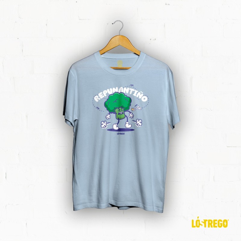 Camiseta para niño de color azul celeste con el texto de "Repunantiño" y un brócoli enfadado