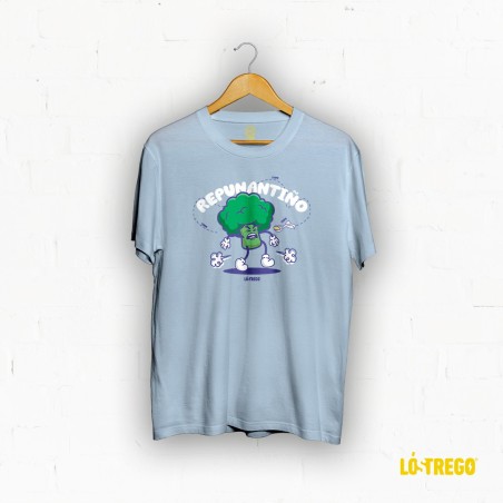 Camiseta para niño de color azul celeste con el texto de "Repunantiño" y un brócoli enfadado