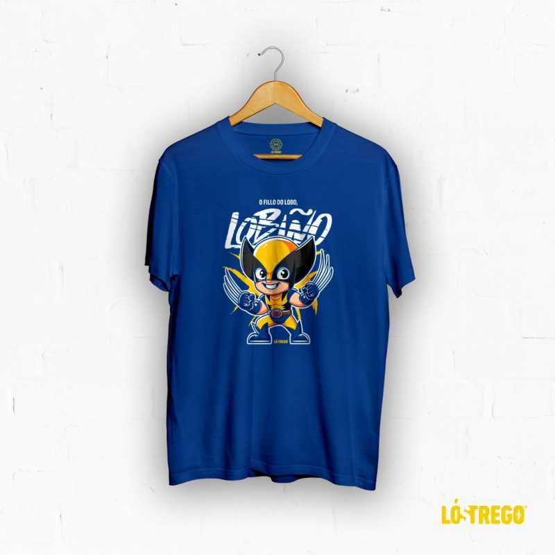 Camiseta perfecta para nenos de cor Azul cun mini lobezno en cores amarelas