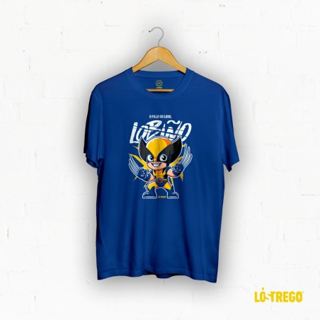 Camiseta perfecta para nenos de cor Azul cun mini lobezno en cores amarelas