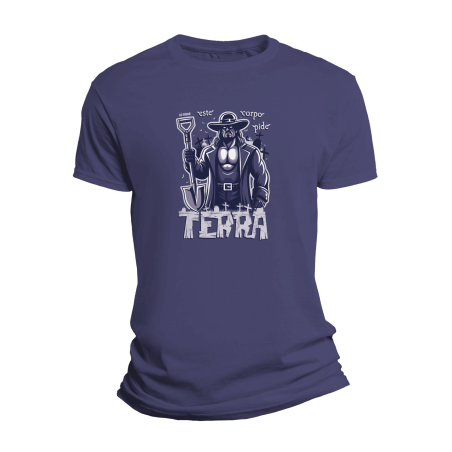 Camiseta azul con ilustración del Enterrador y frase 'Este cuerpo pide tierra'.