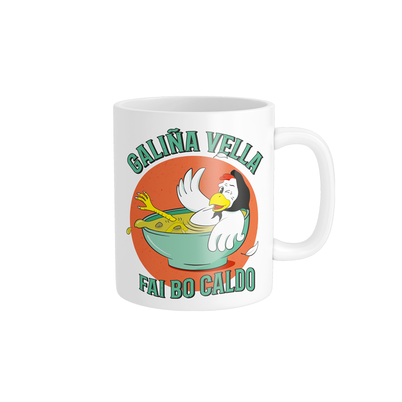 Taza "Galiña Vella Fai Bo Caldo" – Humor y sabiduría gallega