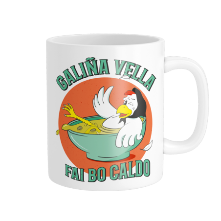 Taza "Galiña Vella Fai Bo Caldo" – Humor y sabiduría gallega