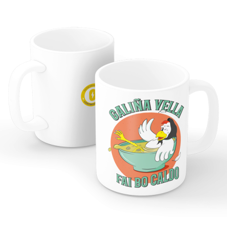 Taza "Galiña Vella Fai Bo Caldo" – Humor y sabiduría gallega