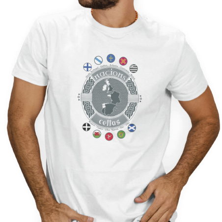 Camiseta branca con deseño "Nacións Celtas", un símbolo de identidade e orgullo celta.
