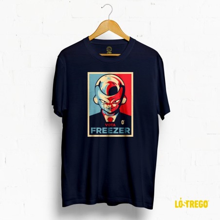 Camiseta azul mariño con deseño "Vota Freezer", unha fusión de política e cultura pop con retranca.