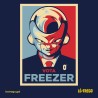 Deseño "Vota Freezer", unha sátira política con estilo icónico e esencia de cultura pop.