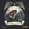 Diseño del jinete sin cabeza de Sleepy Hollow con calabaza en el brazo, sobre caballo, y la frase 'A cabeza non para'.
