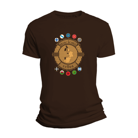 Camiseta marrón con deseño "Nacións Celtas", unha homenaxe á cultura celta e aos seus símbolos.