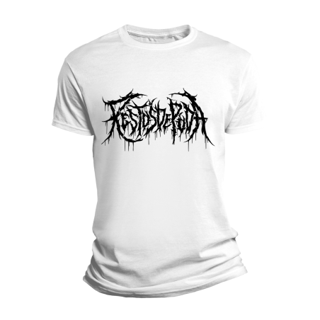 Camiseta branca co logotipo estilo Death Metal que pon “Restos de Poda”.