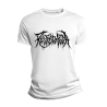 Camiseta branca co logotipo estilo Death Metal que pon “Restos de Poda”.